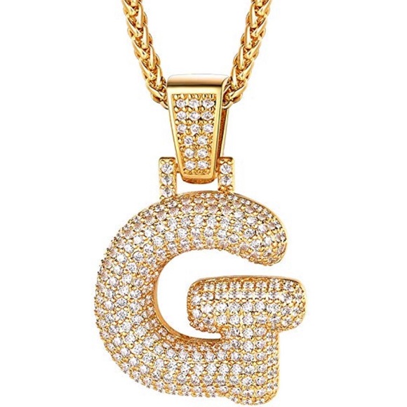 Iced CZ Custom Bubble Letter C Initial Gold Plated Pendant 24/" Chain Necklace